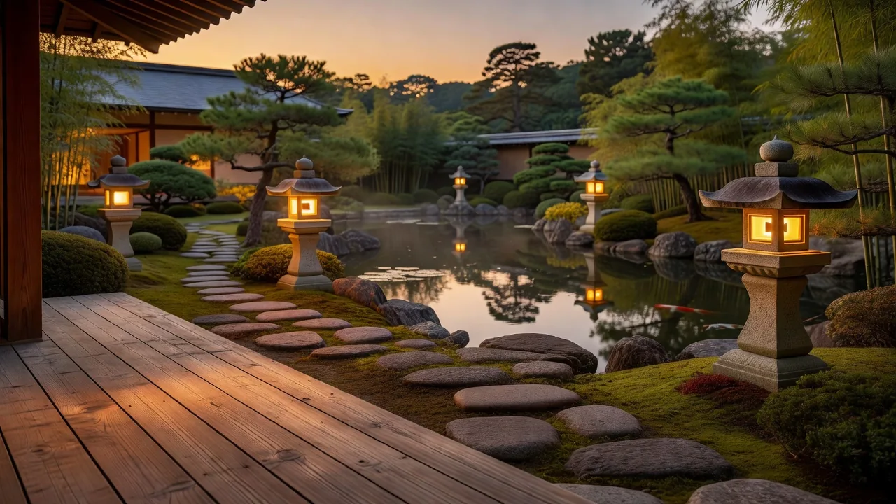 夕暮れの灯籠が照らす幻想的な庭園
