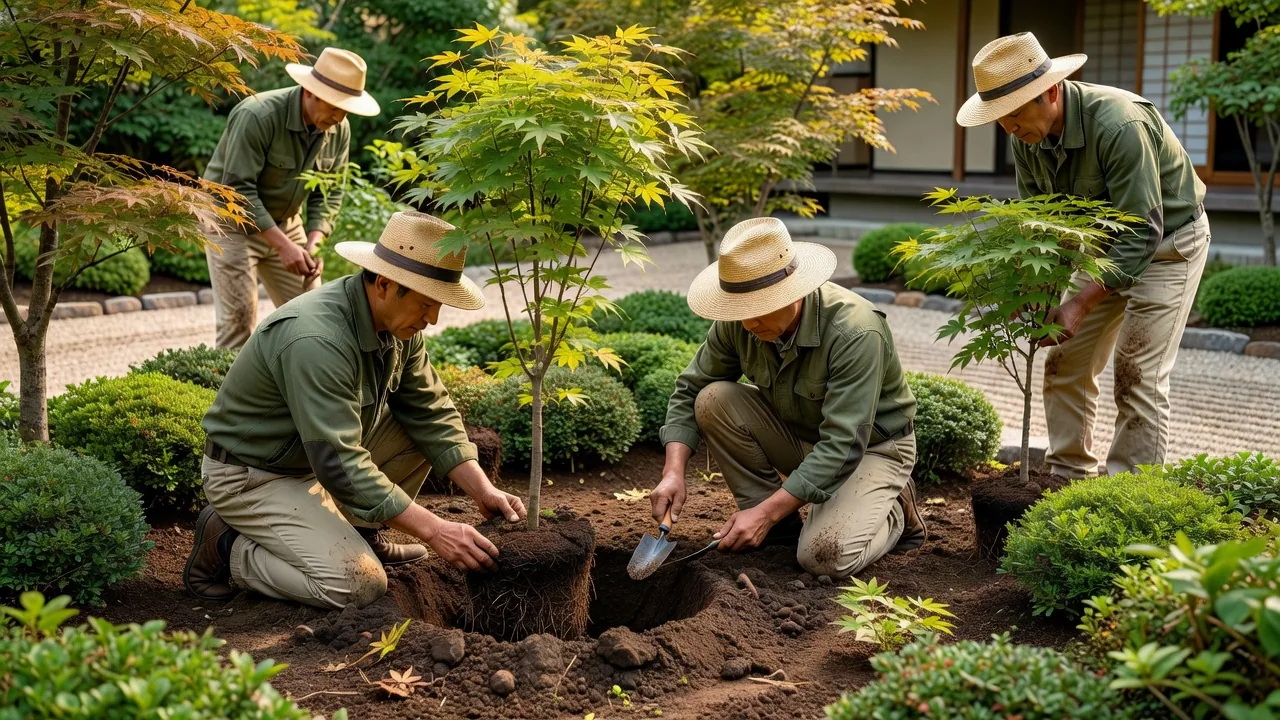 職人が紅葉を植栽している作業風景