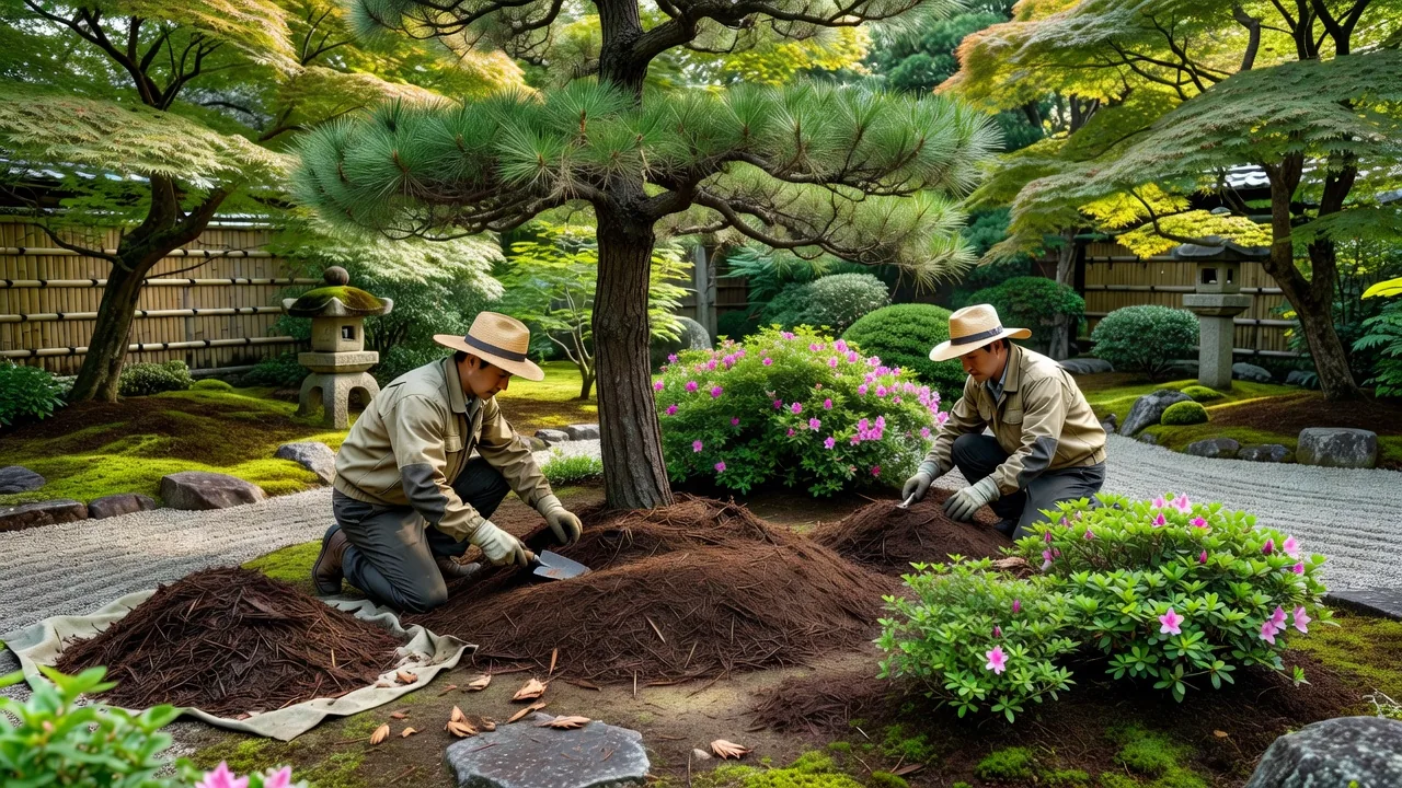 庭のマルチング作業