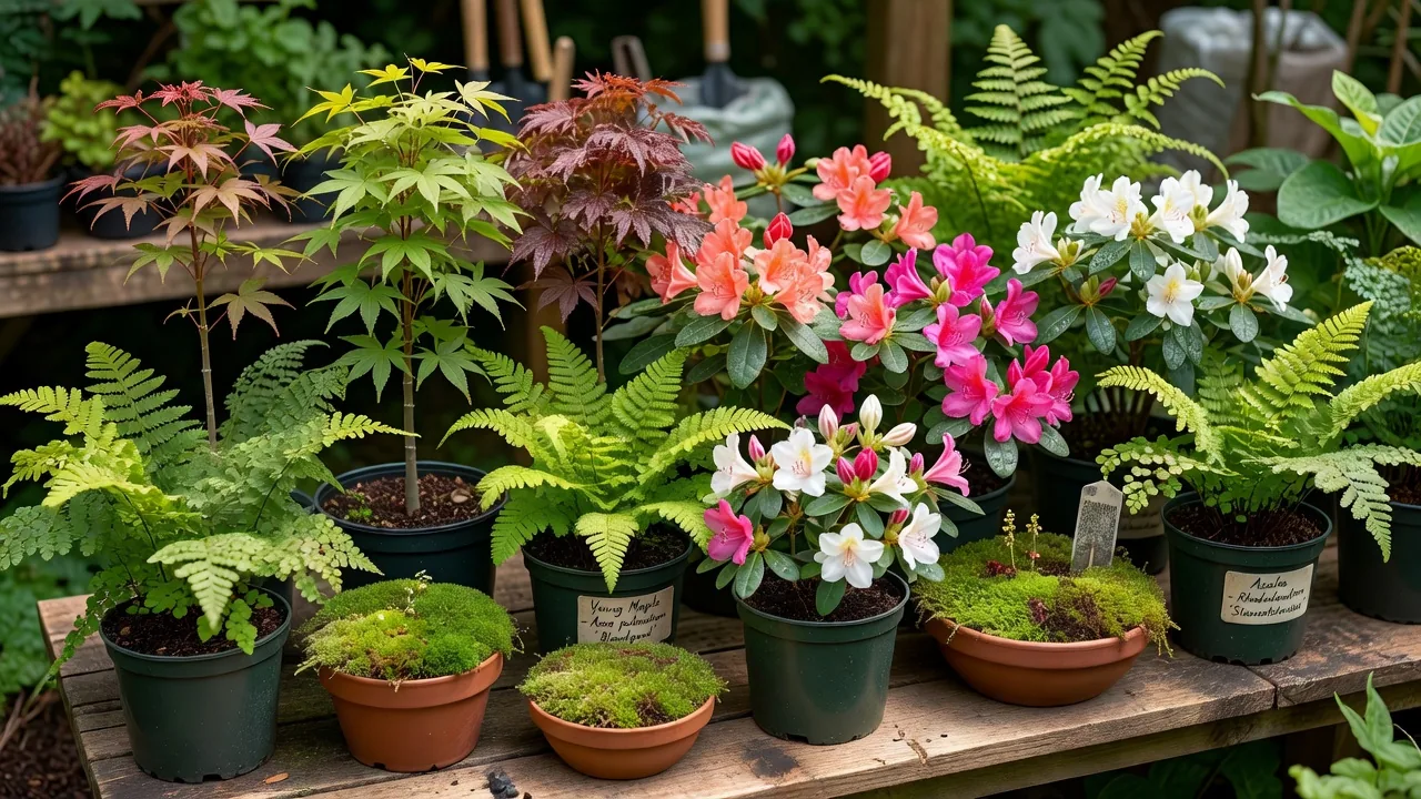 植栽プランニング用の若い植物と鉢