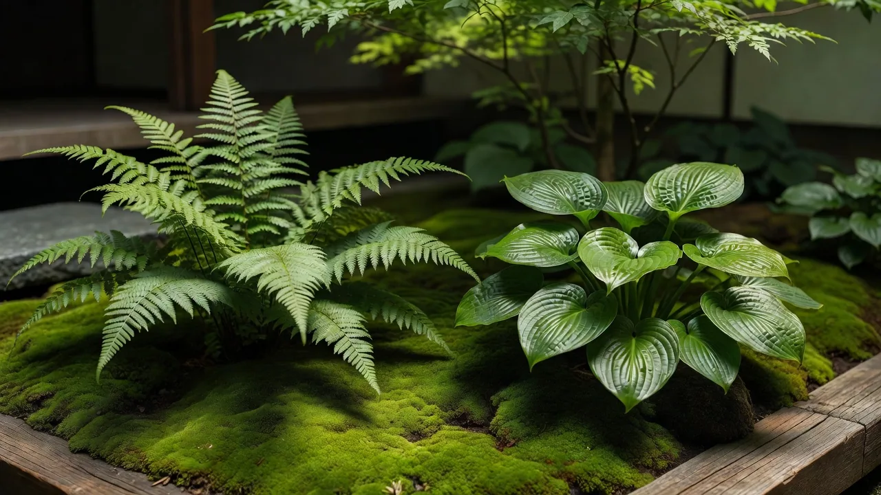 日陰庭園のシダとホスタの植栽