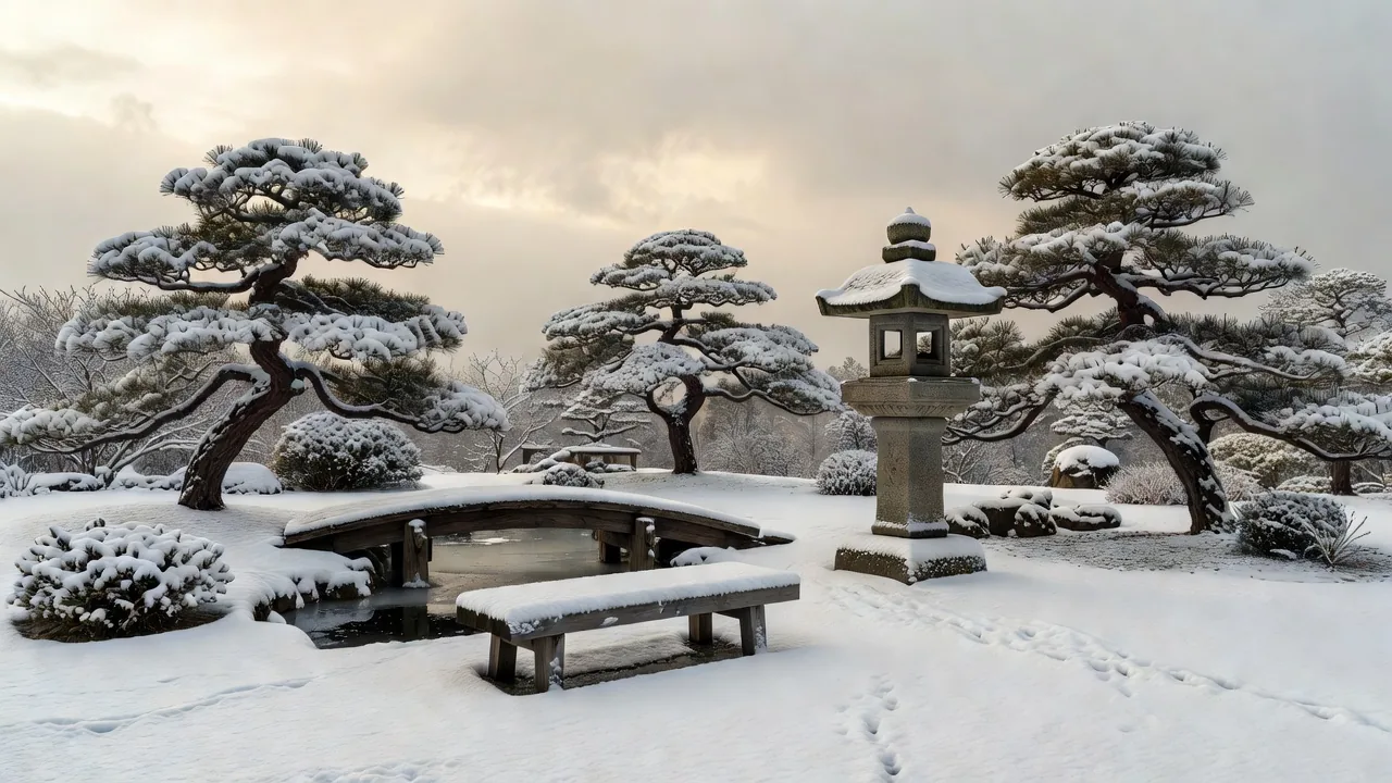雪に覆われた冬の日本庭園