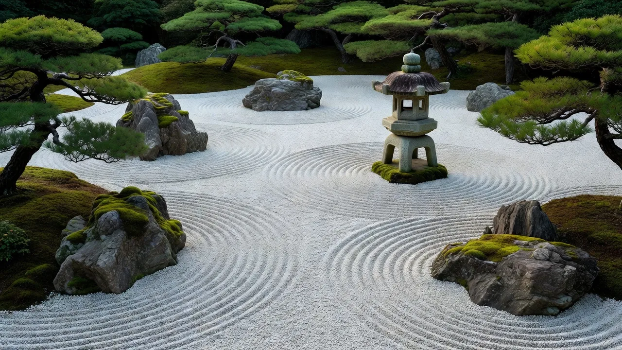 枯山水の砂利と石の禅庭園デザイン